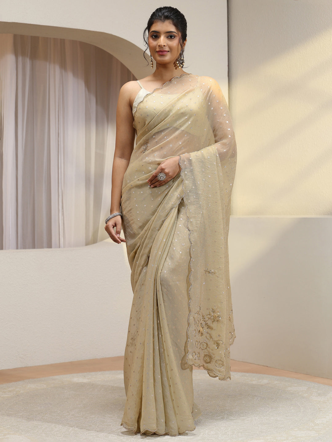 Taupe Floral Embellished Tissue Saree