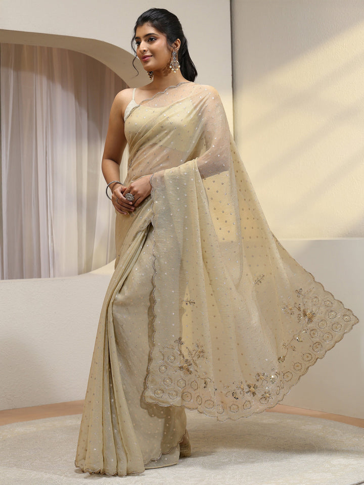 Taupe Floral Embellished Tissue Saree