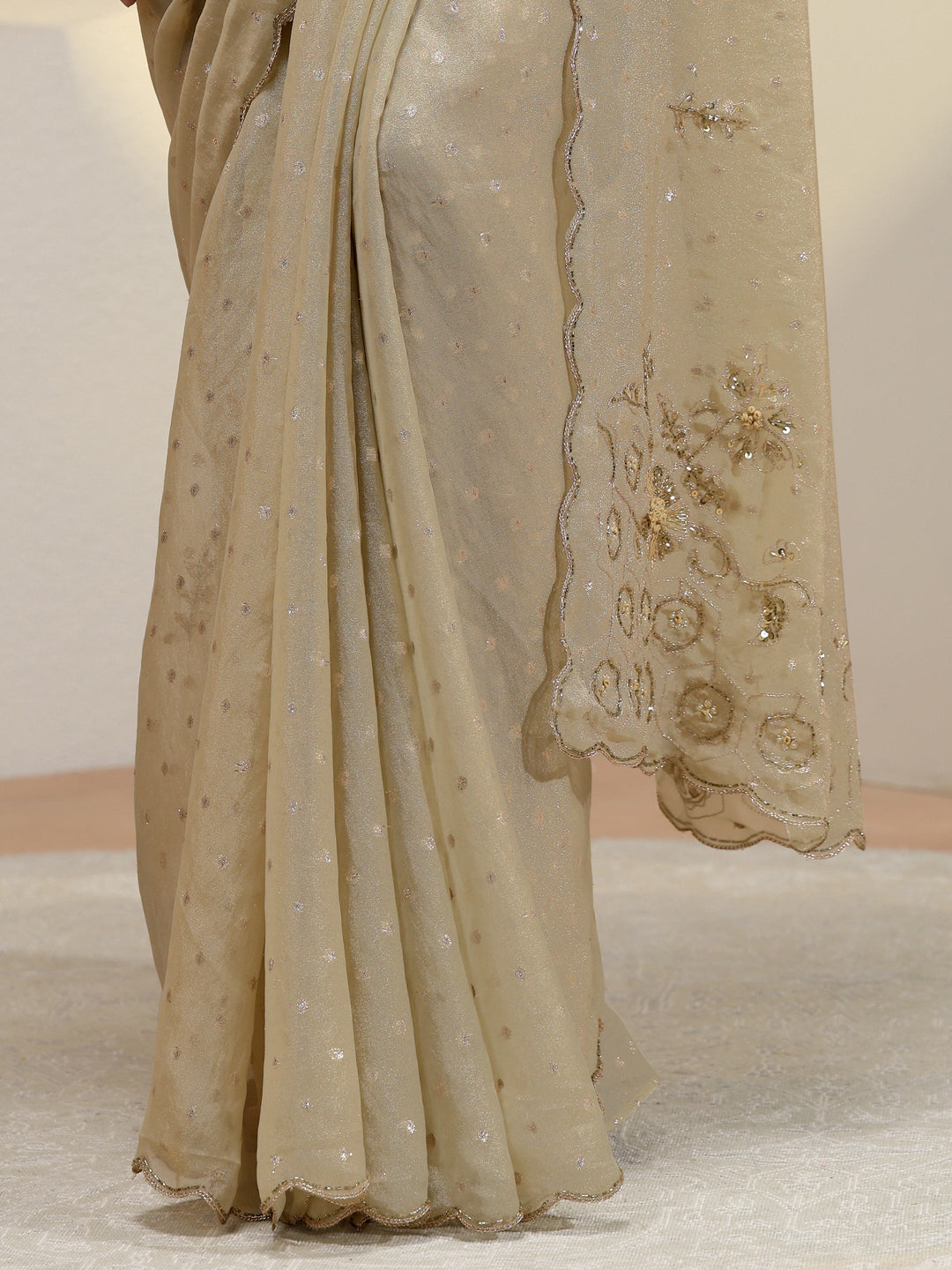 Taupe Floral Embellished Tissue Saree