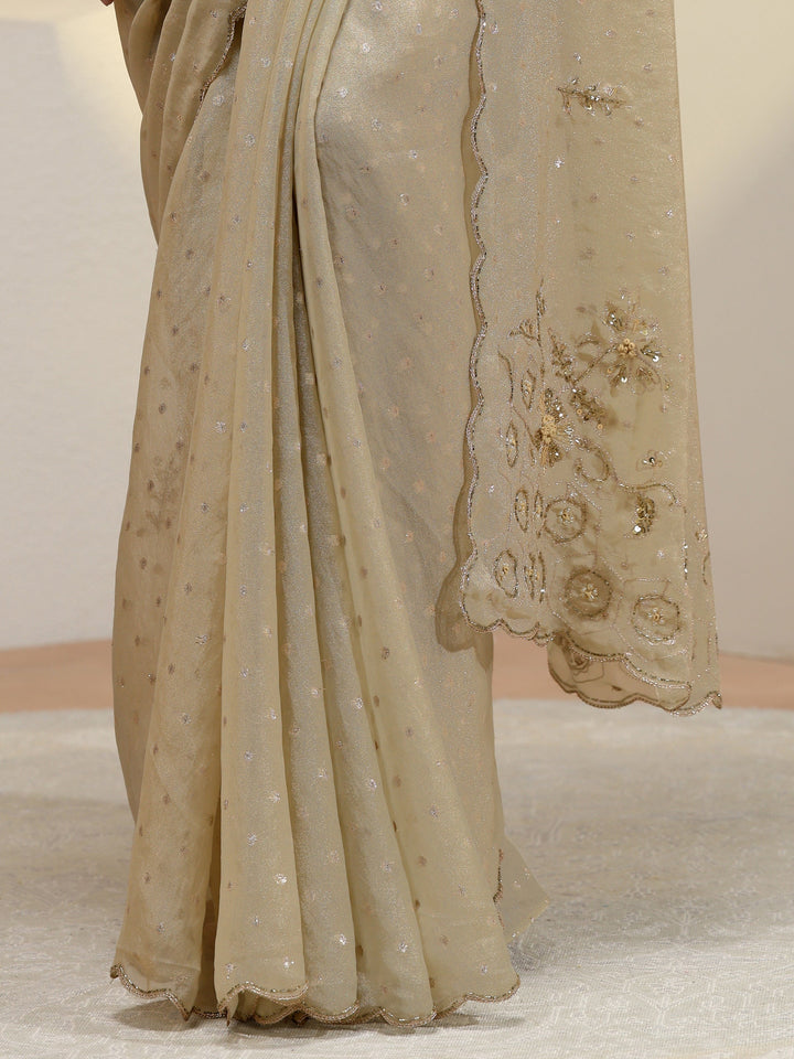 Taupe Floral Embellished Tissue Saree