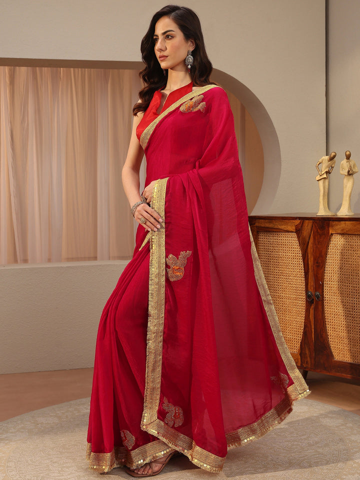 Raspberry Red Embellished Tissue Saree