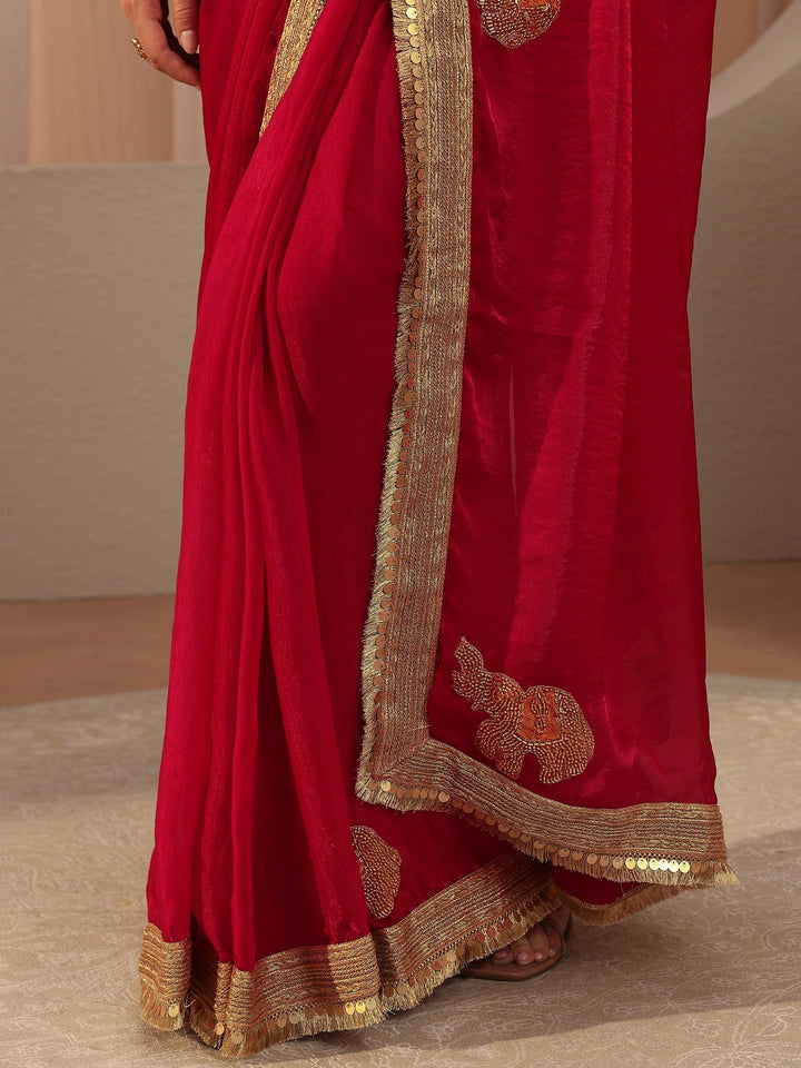 Raspberry Red Embellished Tissue Saree