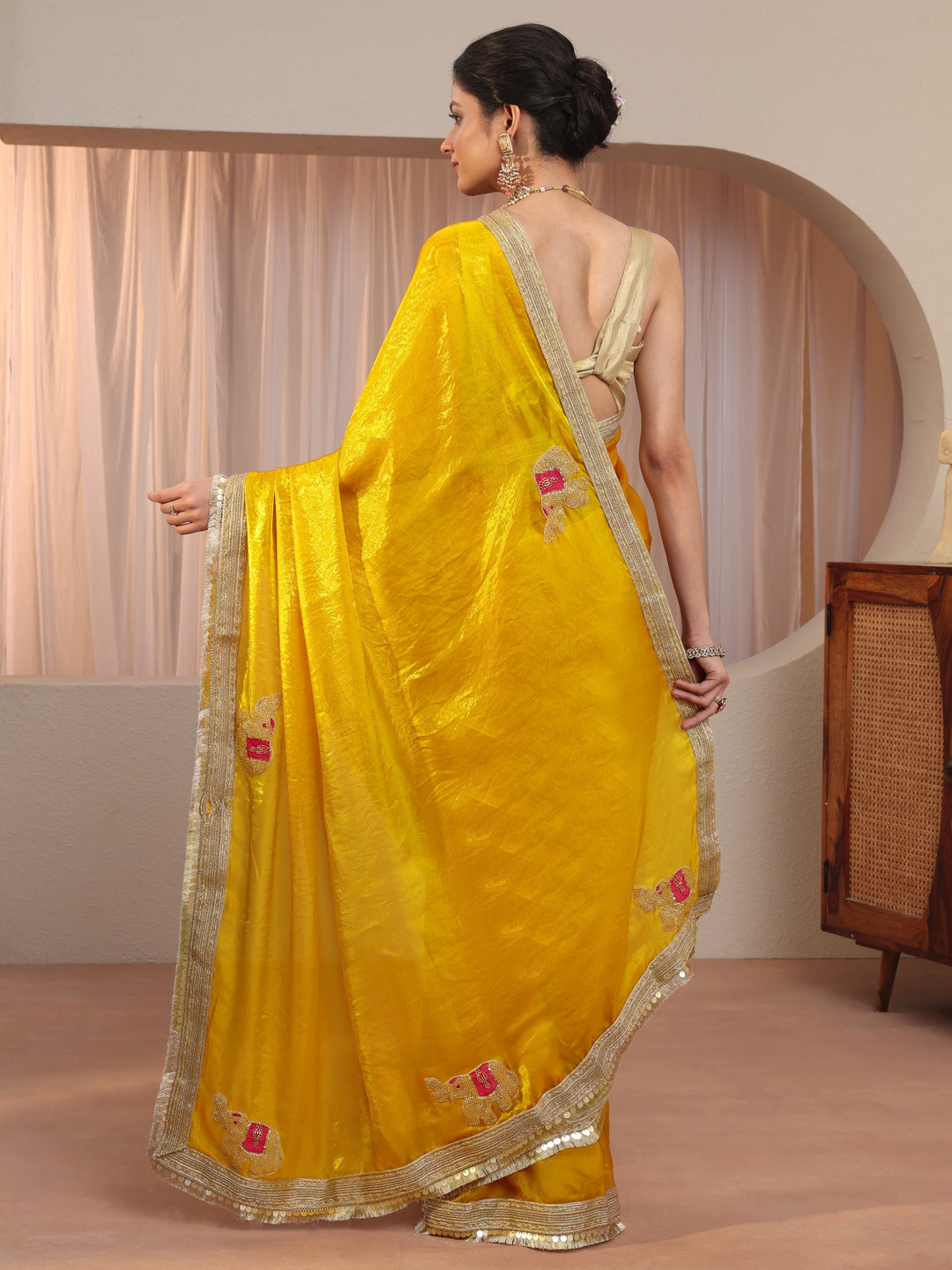 Mustard Embellished Elephant Motif Tissue Saree