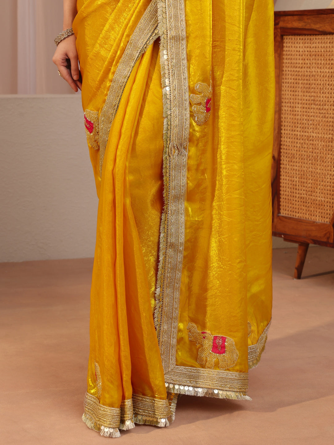 Mustard Embellished Elephant Motif Tissue Saree