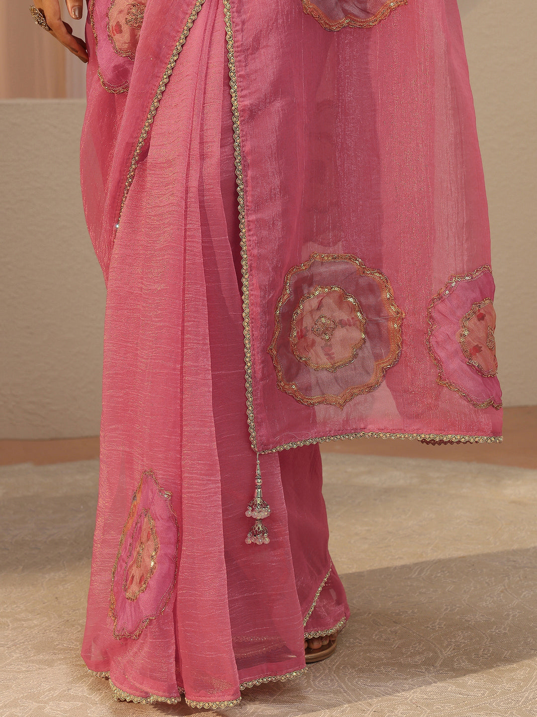 Peach Embellished Tissue Saree