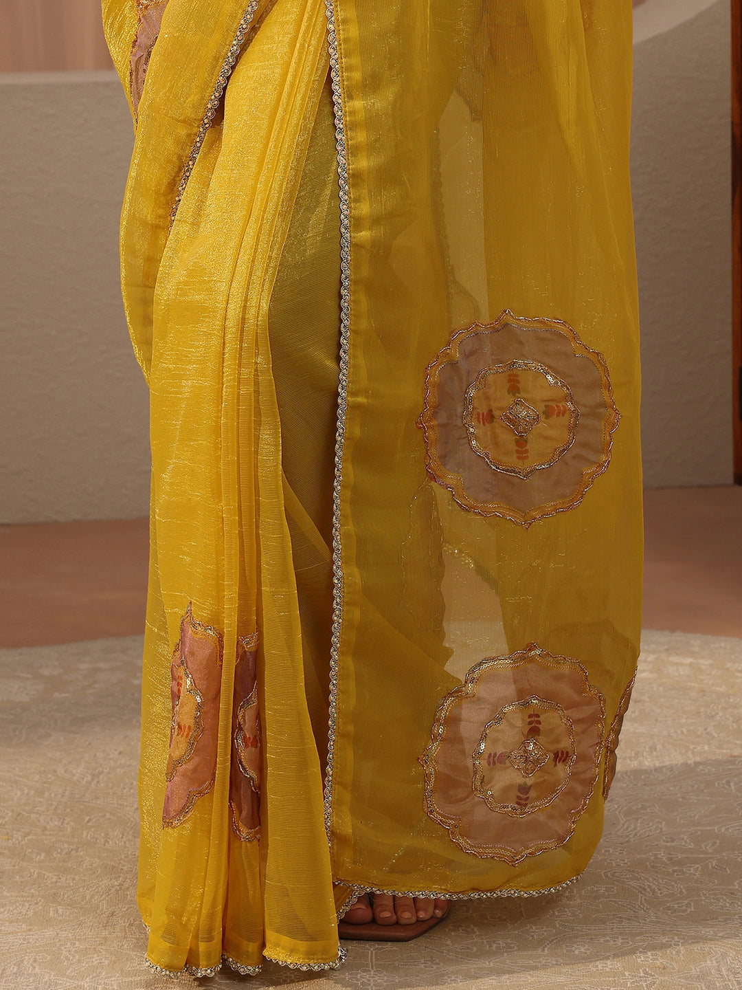 Mustard Embellished Tissue Saree