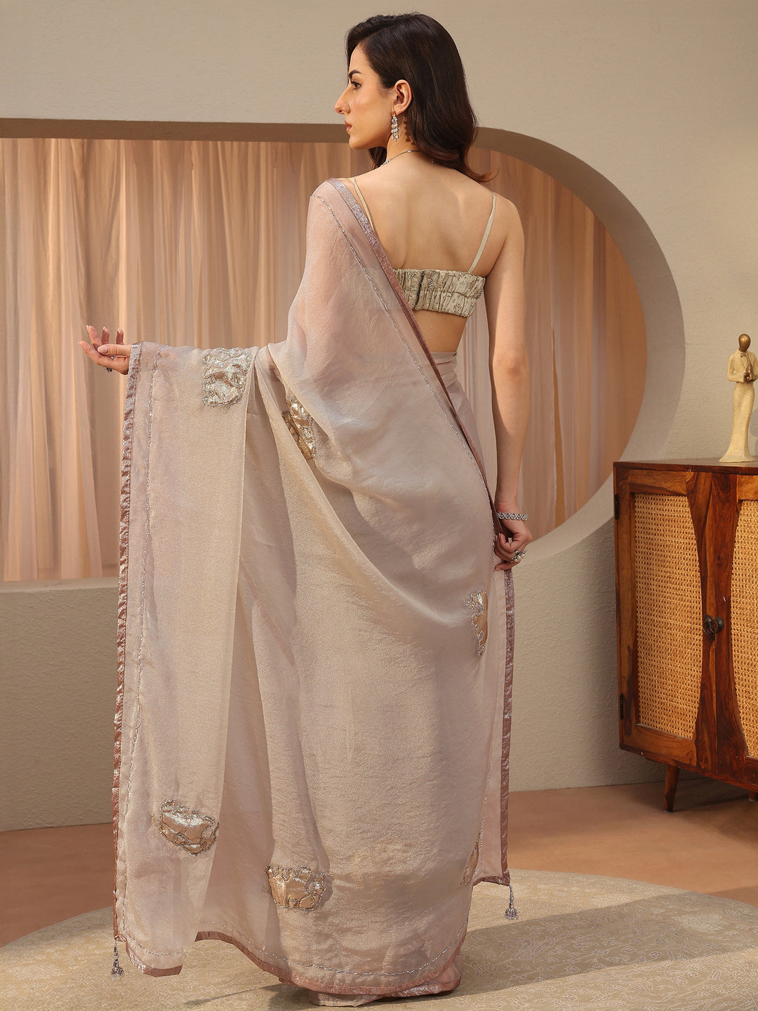 Pale Taupe Embellished Tissue Saree