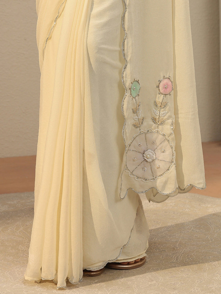 Cream Floral Embellished Tissue Saree