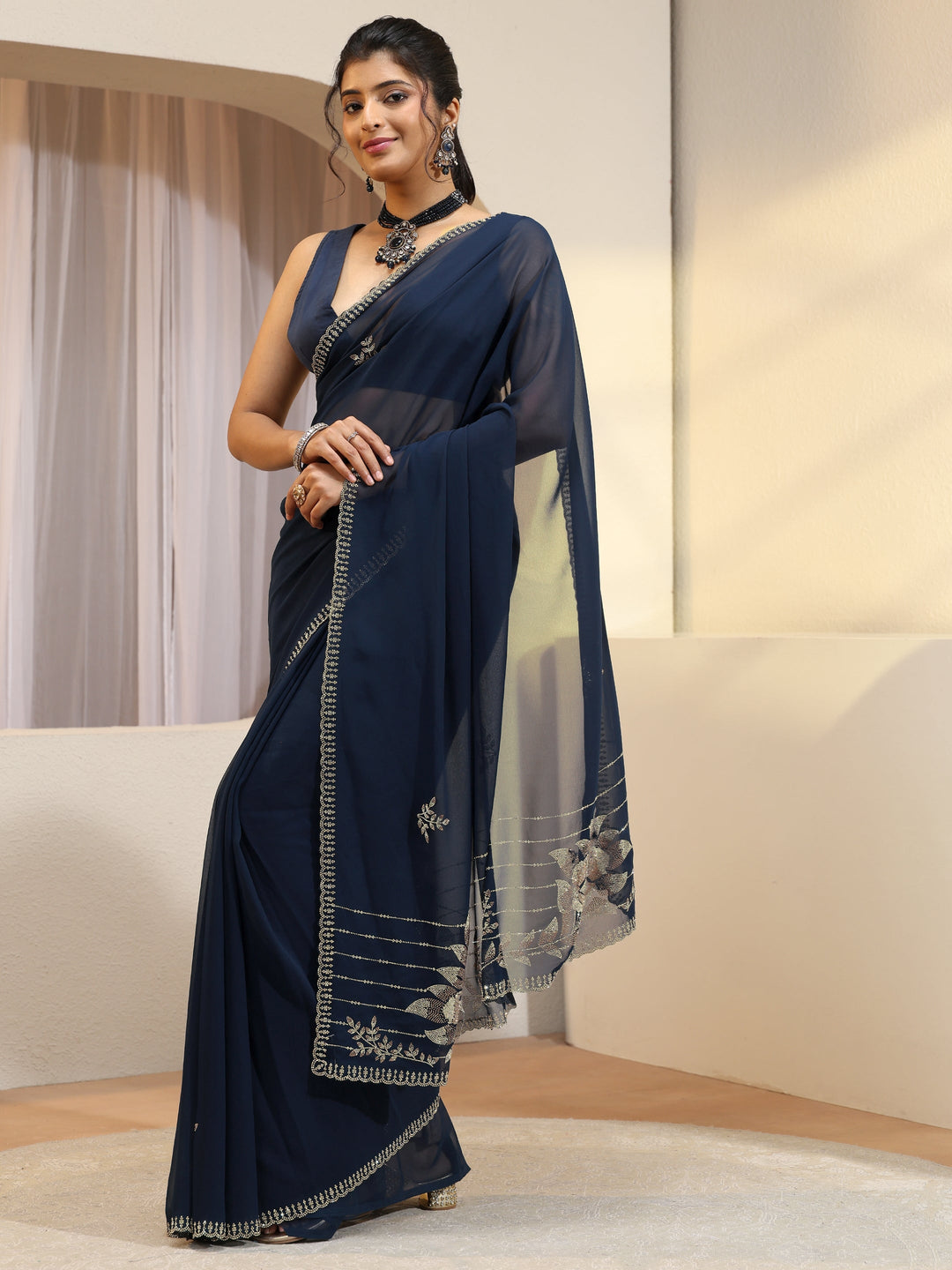 Navy Georgette Saree With Floral Embellished Pallu