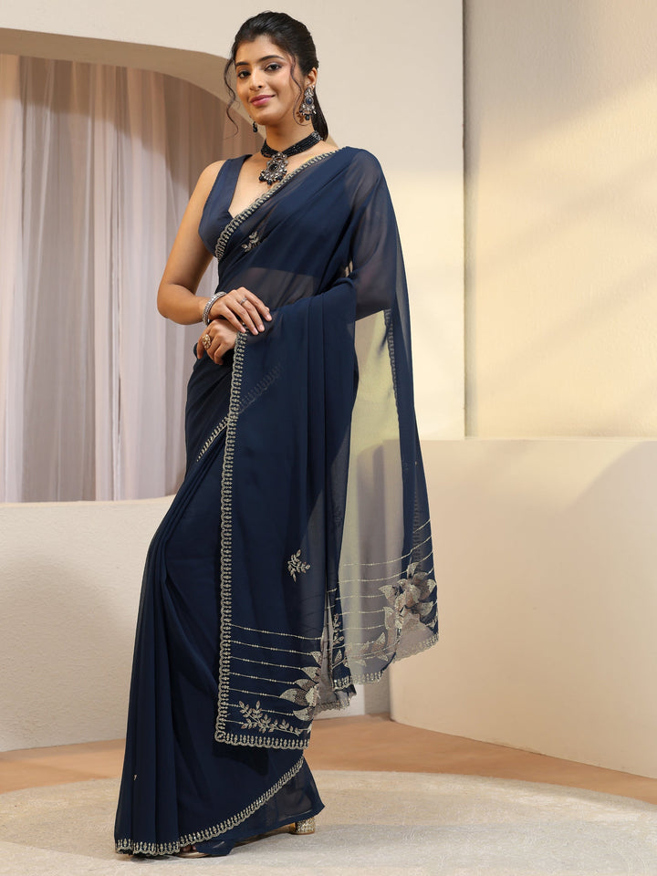 Navy Georgette Saree With Floral Embellished Pallu