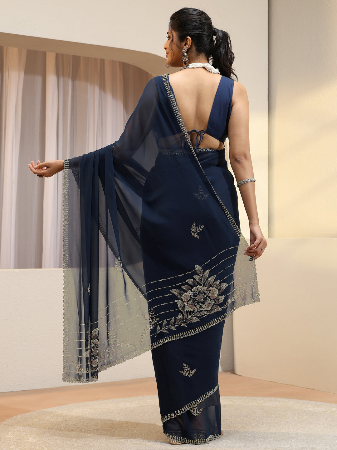 Navy Georgette Saree With Floral Embellished Pallu