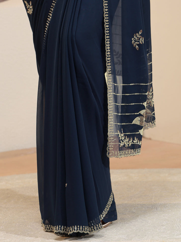 Navy Georgette Saree With Floral Embellished Pallu