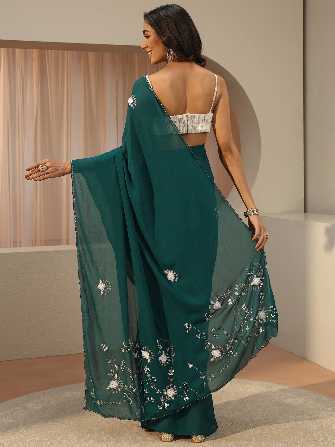 Teal Green Floral Embellished Tissue Saree