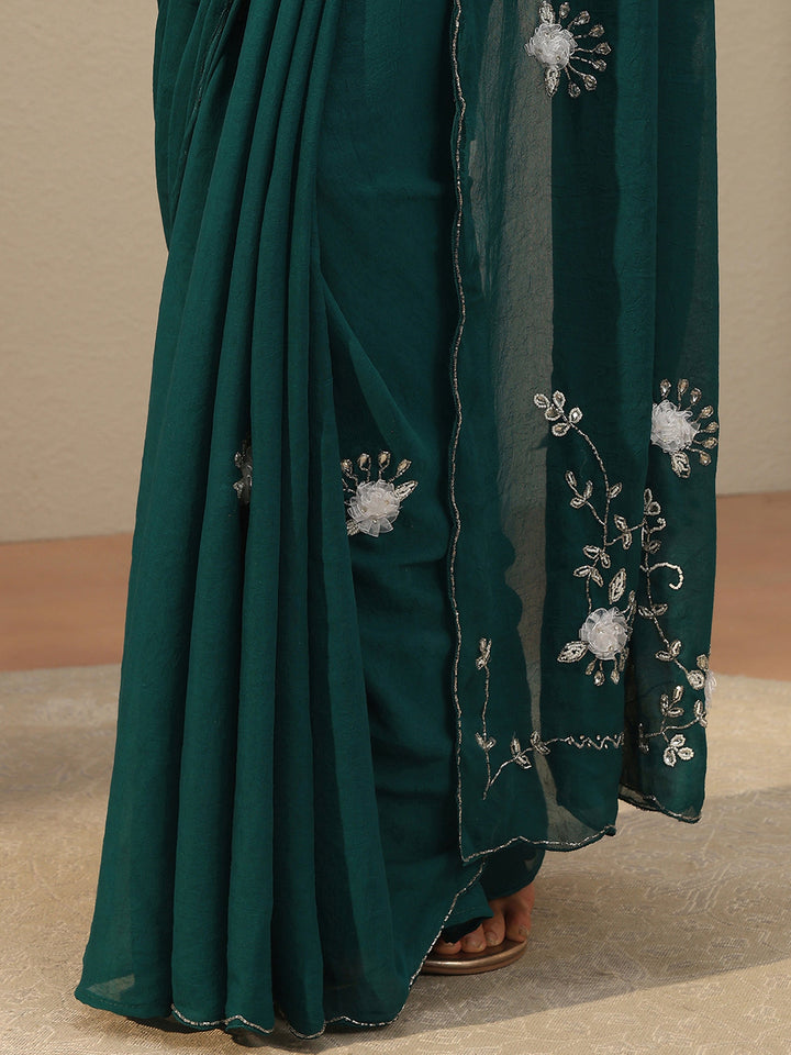 Teal Green Floral Embellished Tissue Saree