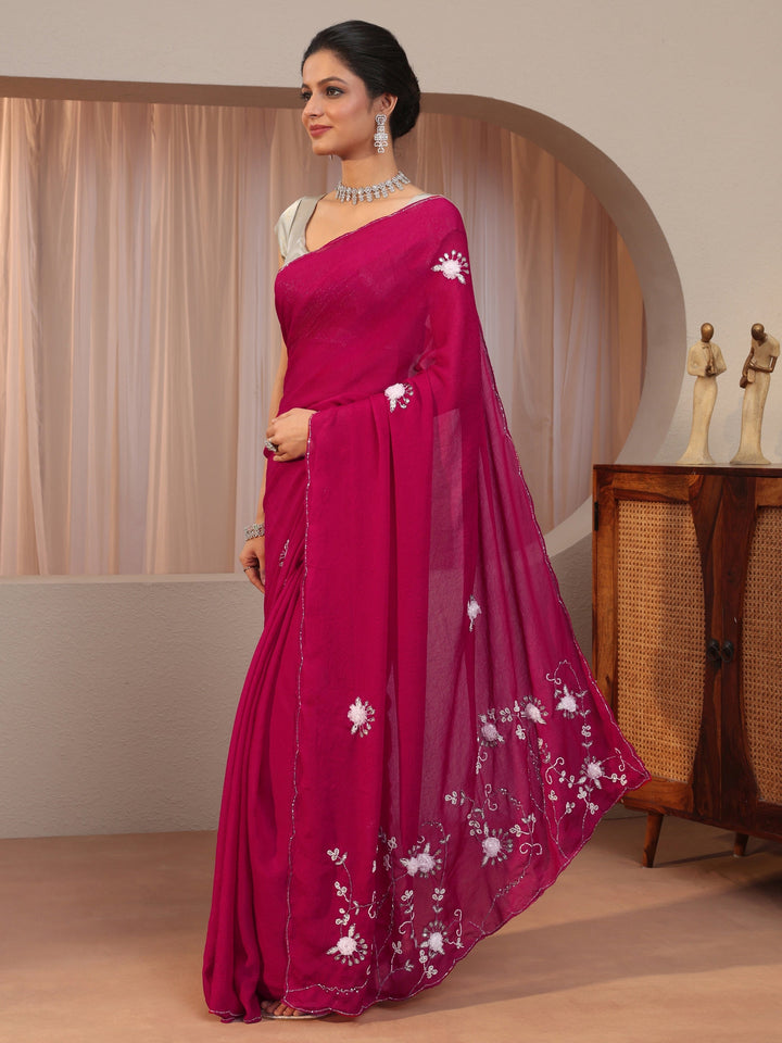 Rose Pink Tissue Saree With Floral Motif Pallu