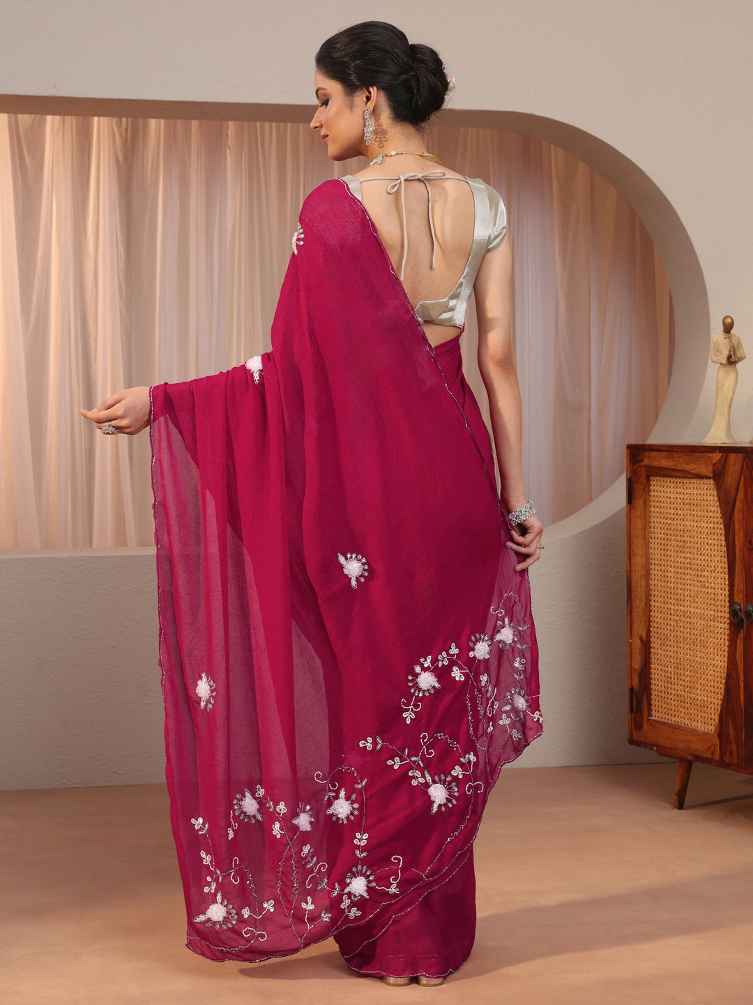 Rose Pink Tissue Saree With Floral Motif Pallu