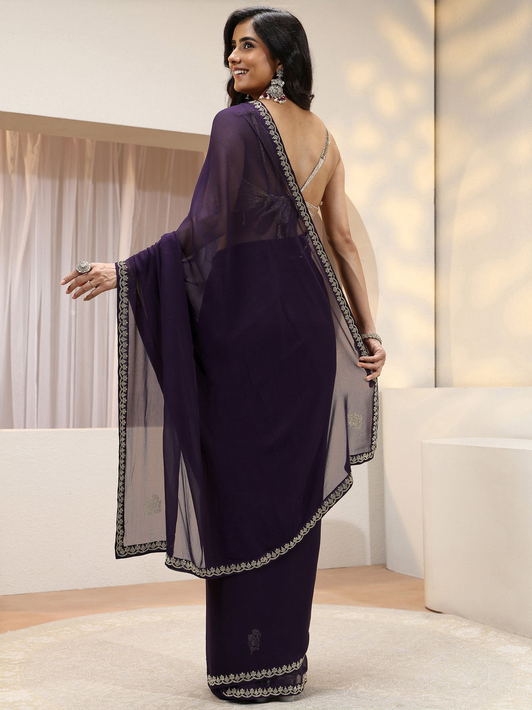 Purple Floral Embellished Georgette Saree