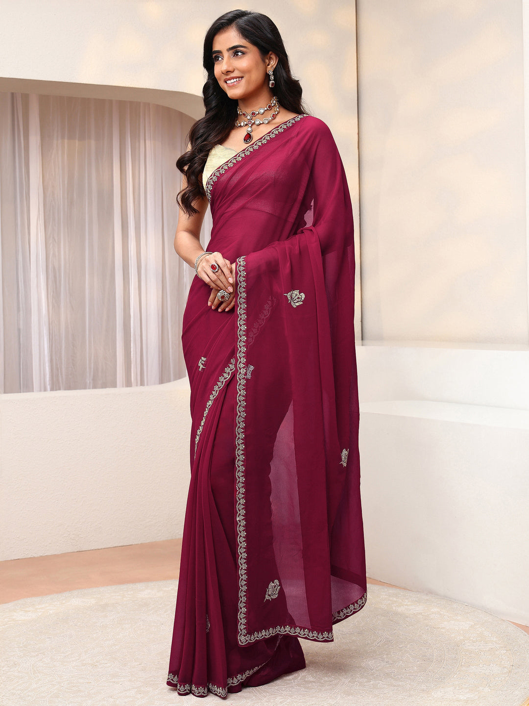 Hot Pink Floral Embellished Georgette Saree