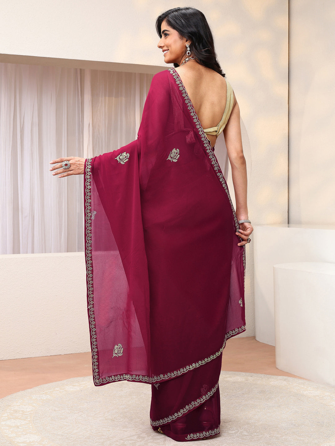 Hot Pink Floral Embellished Georgette Saree