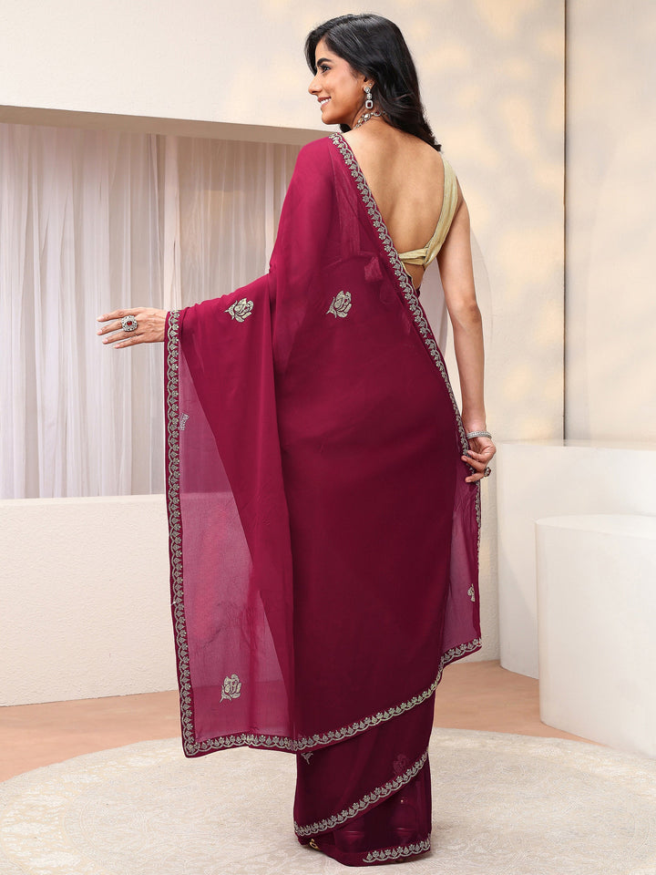 Hot Pink Floral Embellished Georgette Saree