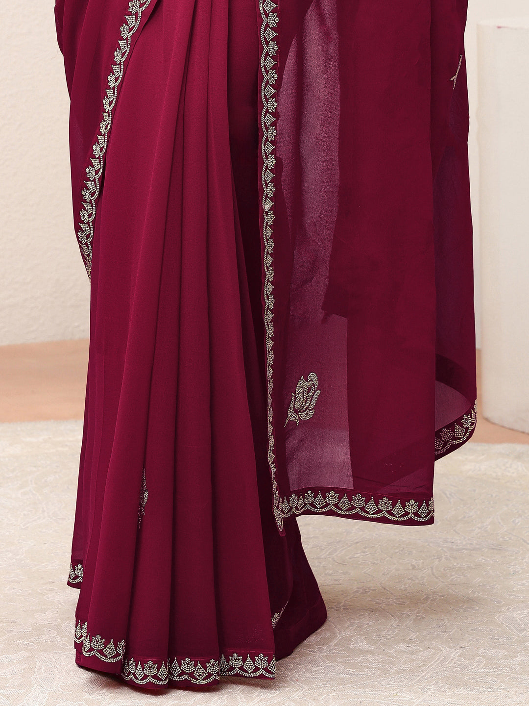 Hot Pink Floral Embellished Georgette Saree