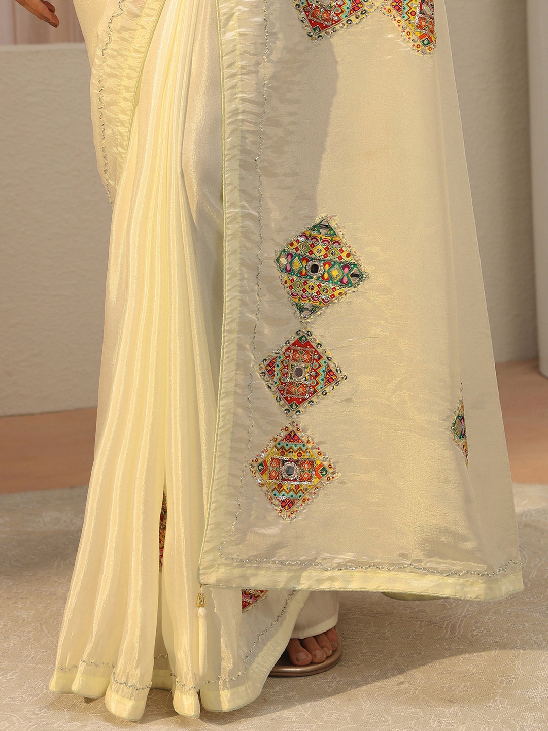 Cream Ethnic Embroidered Tissue Saree