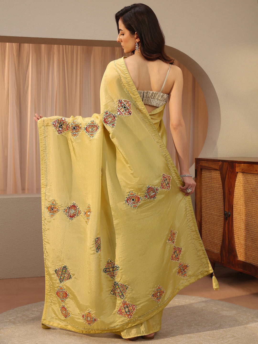 Mustard Ethnic Embroidered Tissue Saree