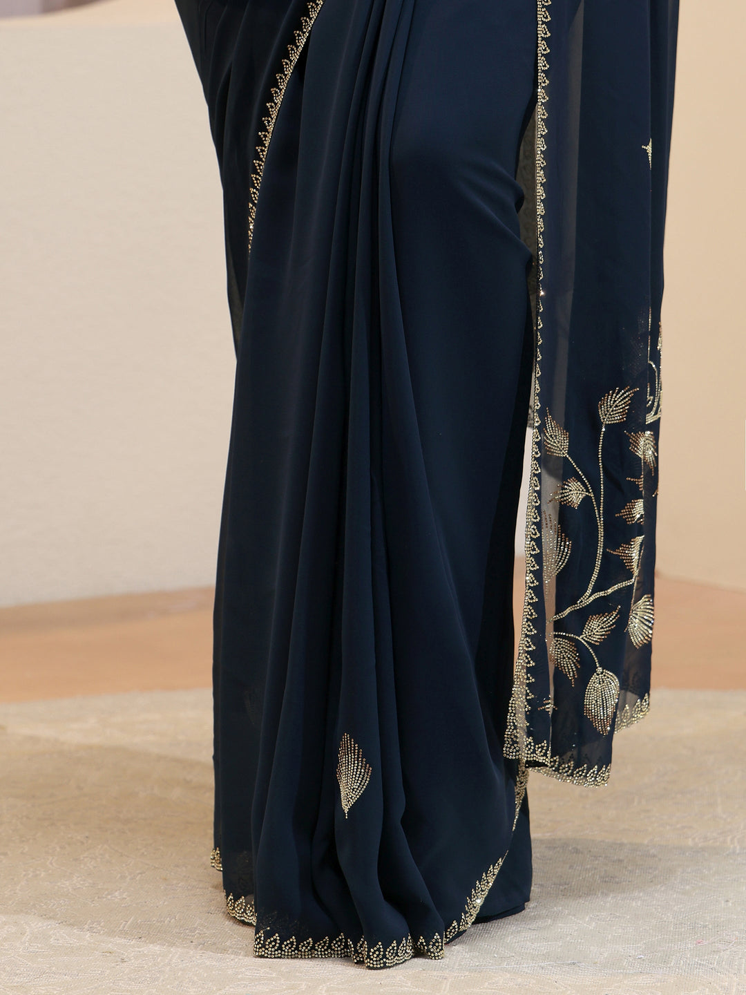 Navy Georgette Saree With Floral Embellished Pallu