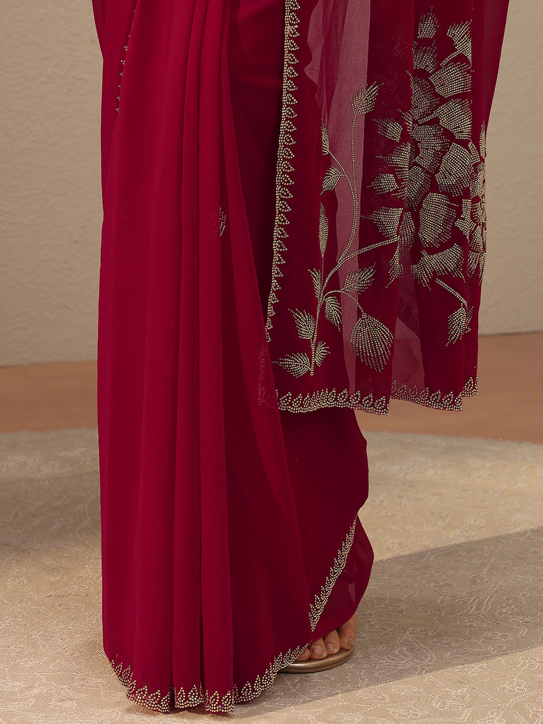 Raspberry Pink Floral Embellished Georgette Saree