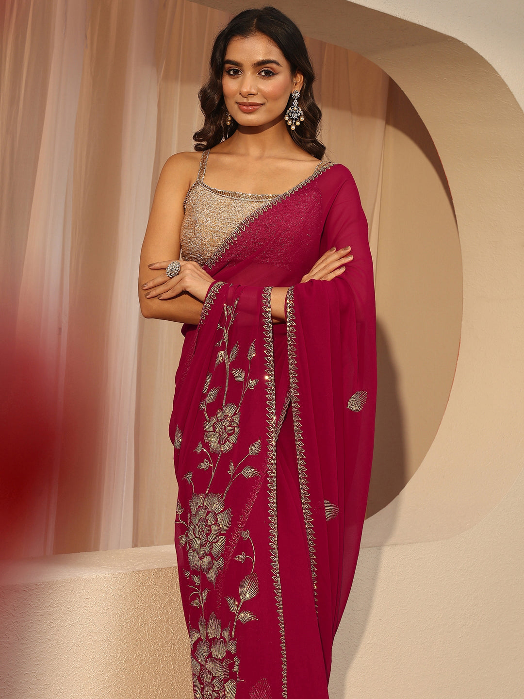 Raspberry Pink Floral Embellished Georgette Saree