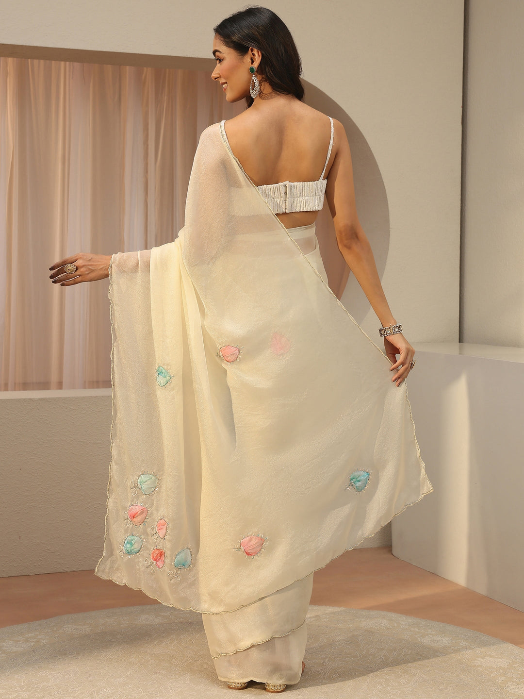 Cream Floral Embellished Tissue Saree