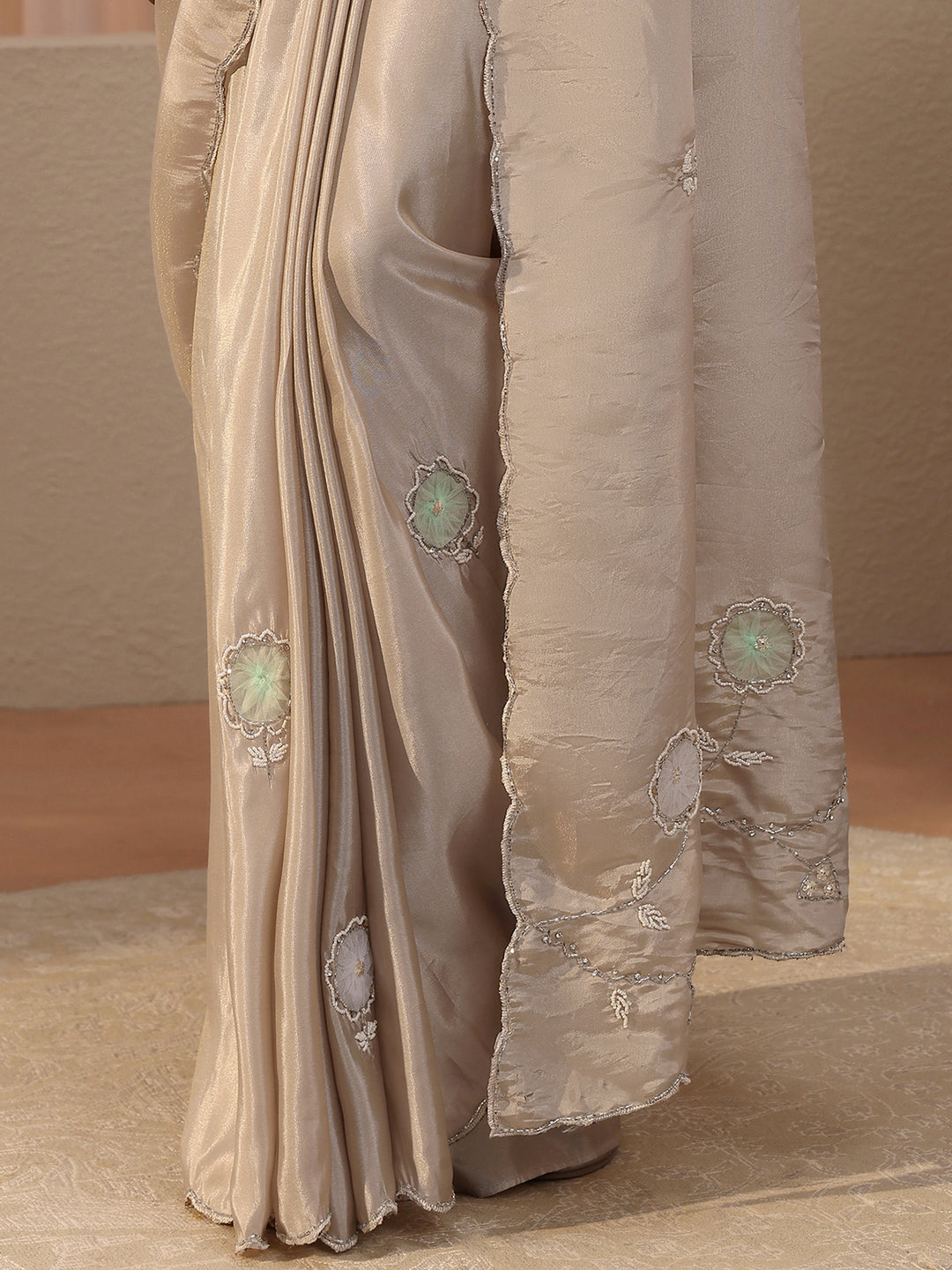 Beige Floral Embellished Tissue Saree