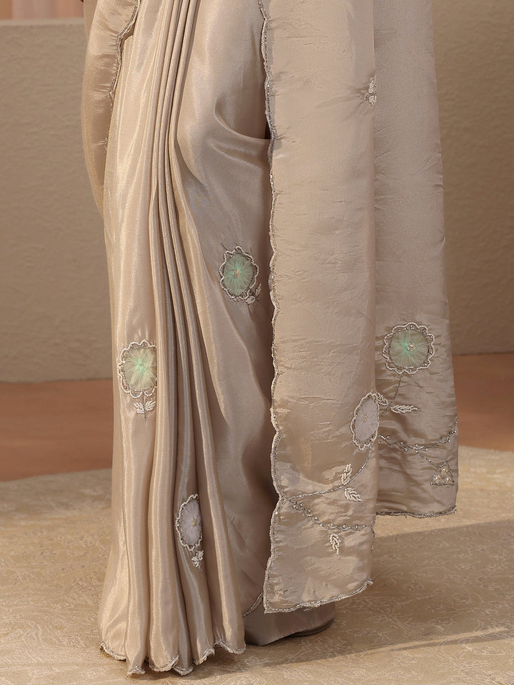 Beige Floral Embellished Tissue Saree