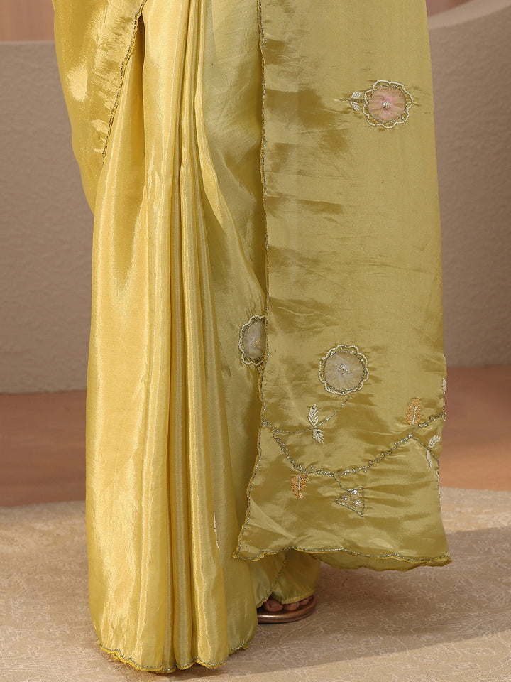 Green Floral Embellished Tissue Saree