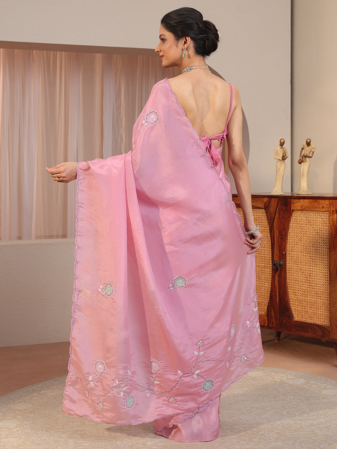 Baby Pink Floral Applique Tissue Saree
