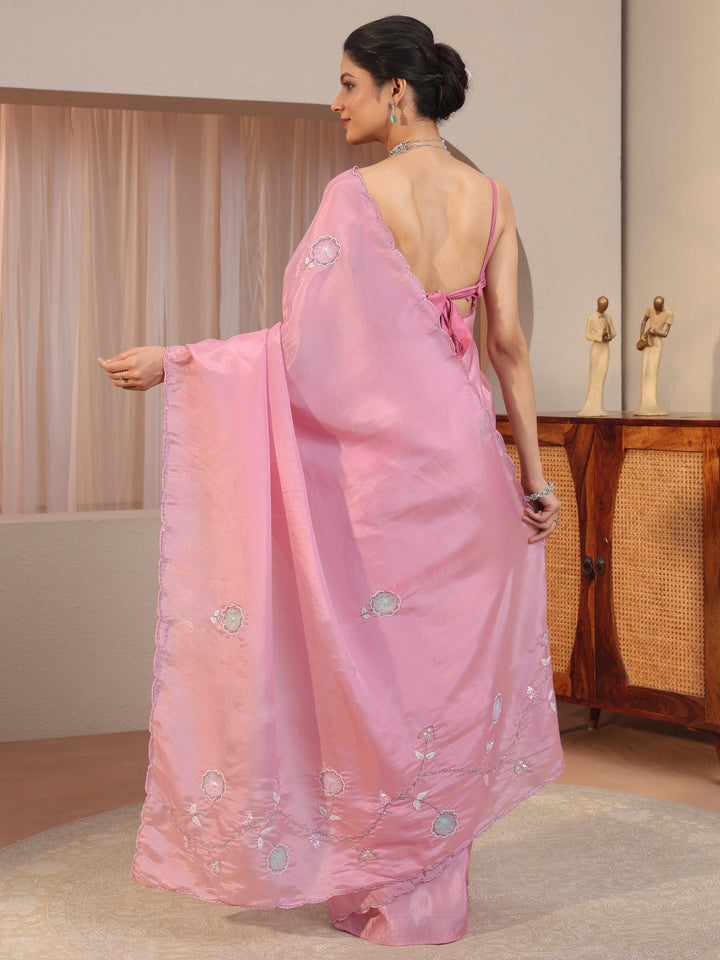 Baby Pink Floral Applique Tissue Saree