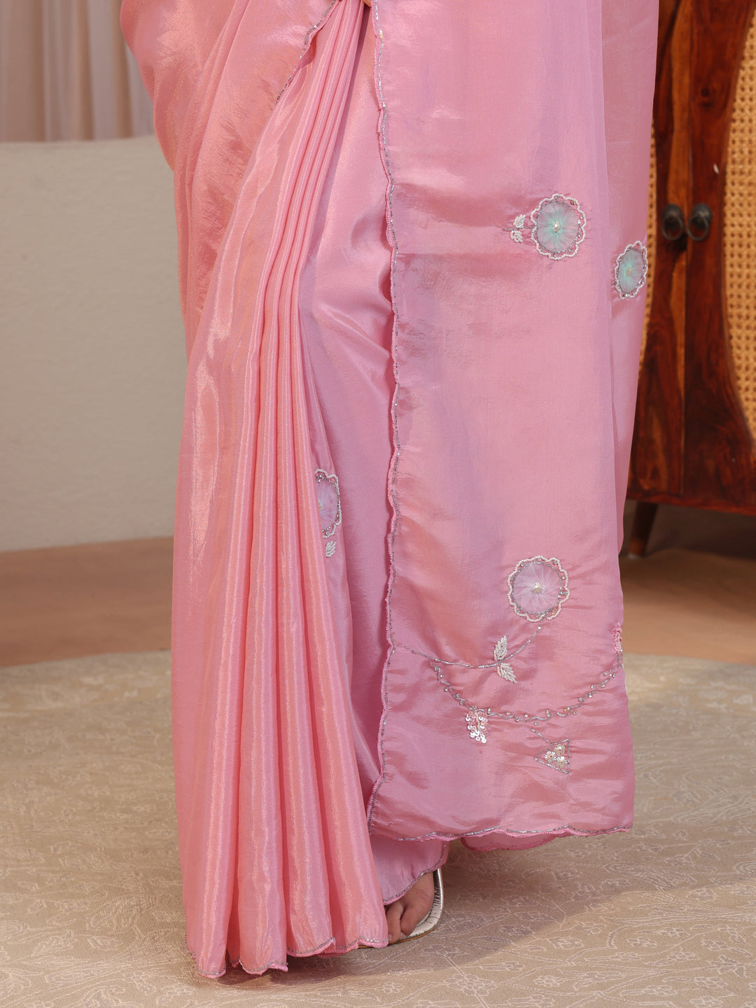 Baby Pink Floral Applique Tissue Saree