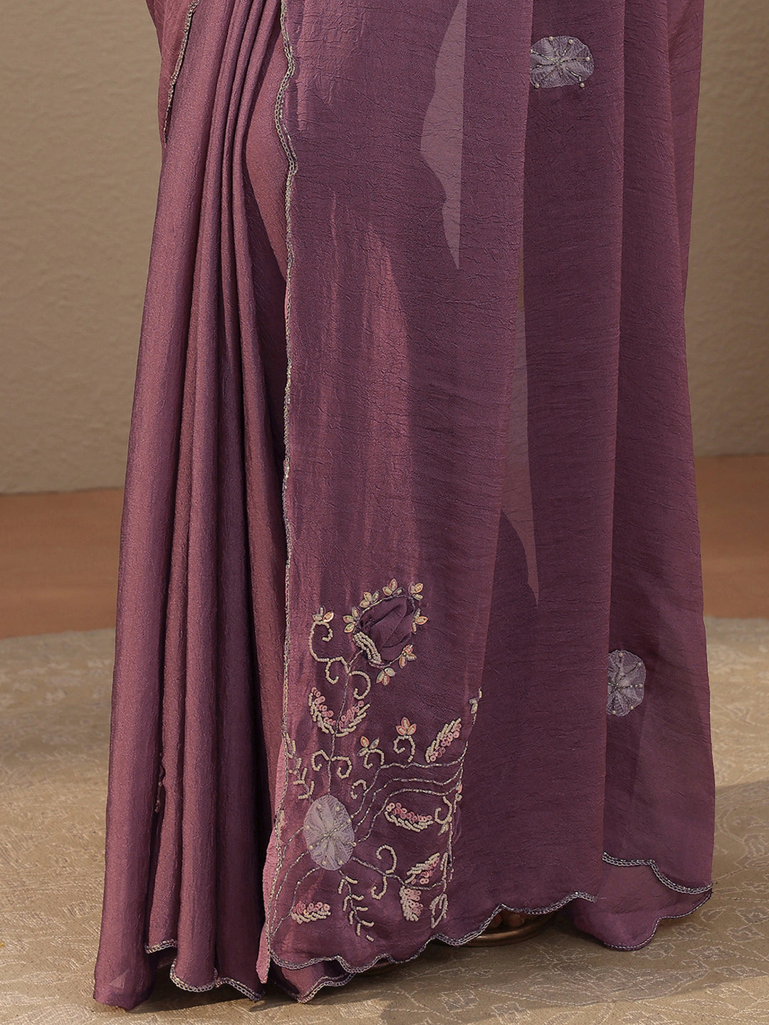 Mauve Floral Embellished Tissue Saree