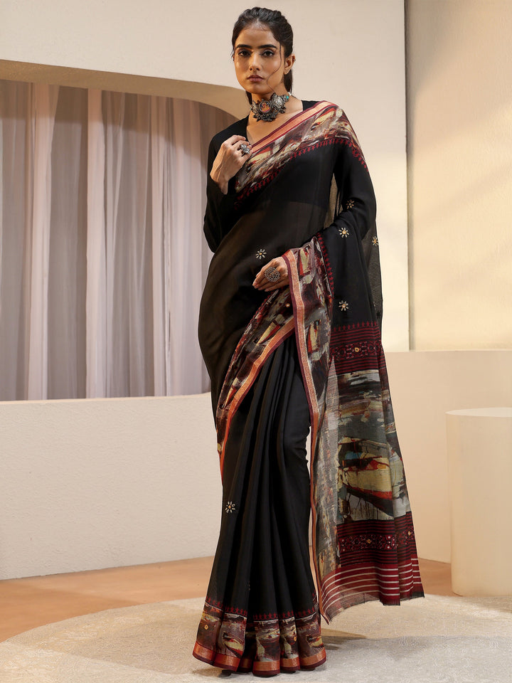 Black Abstract Art Print Silk Blend Saree