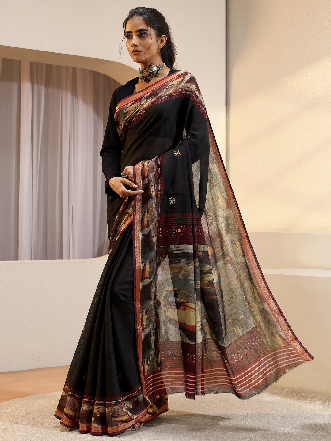 Black Abstract Art Print Silk Blend Saree