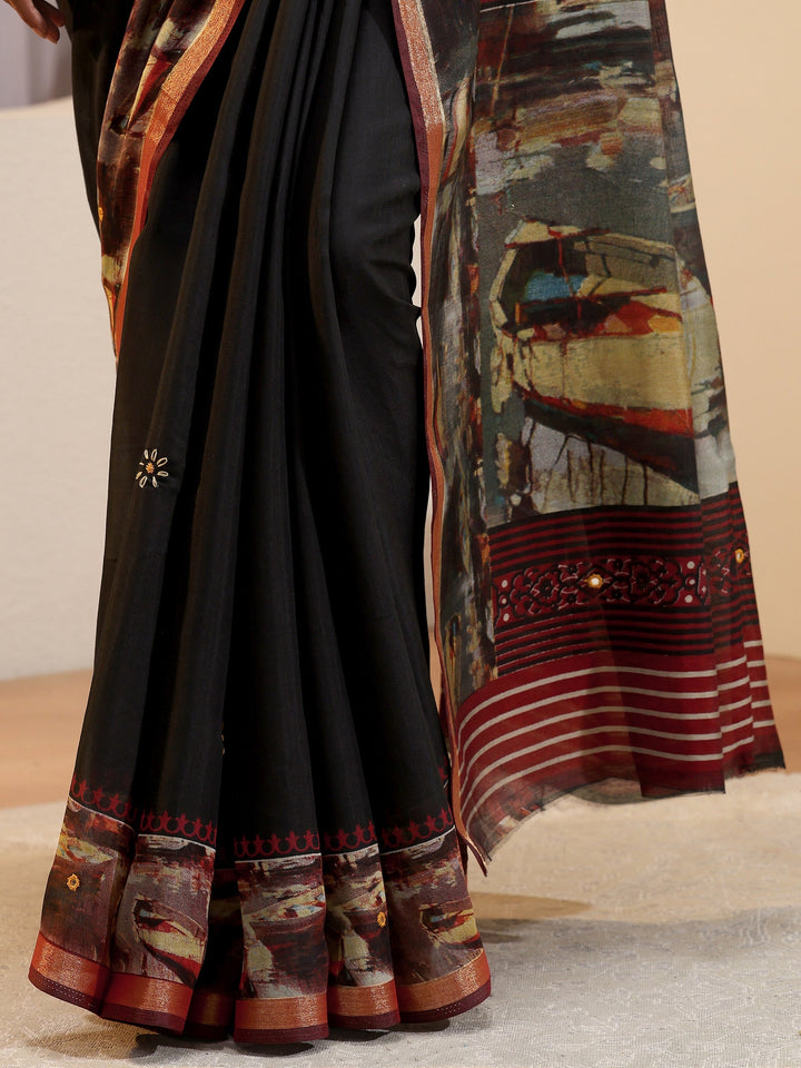 Black Abstract Art Print Silk Blend Saree