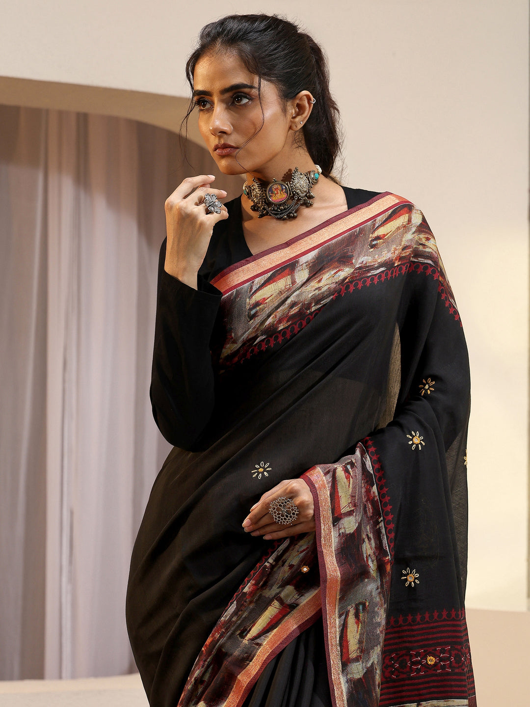 Black Abstract Art Print Silk Blend Saree
