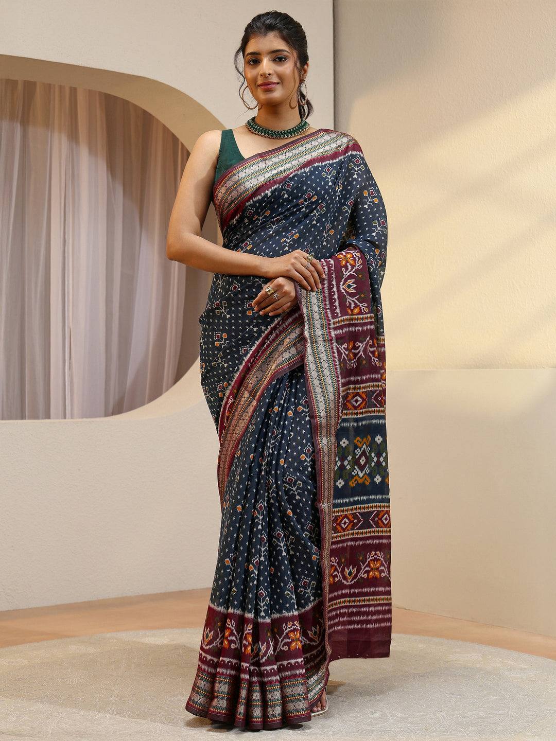 Navy Ethnic Print Silk Blend Bomkai Saree