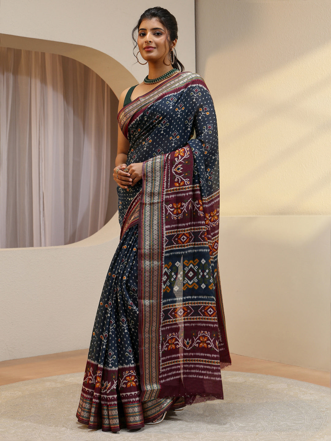 Navy Ethnic Print Silk Blend Bomkai Saree