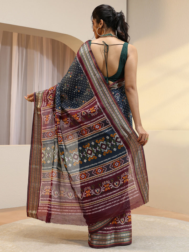 Navy Ethnic Print Silk Blend Bomkai Saree