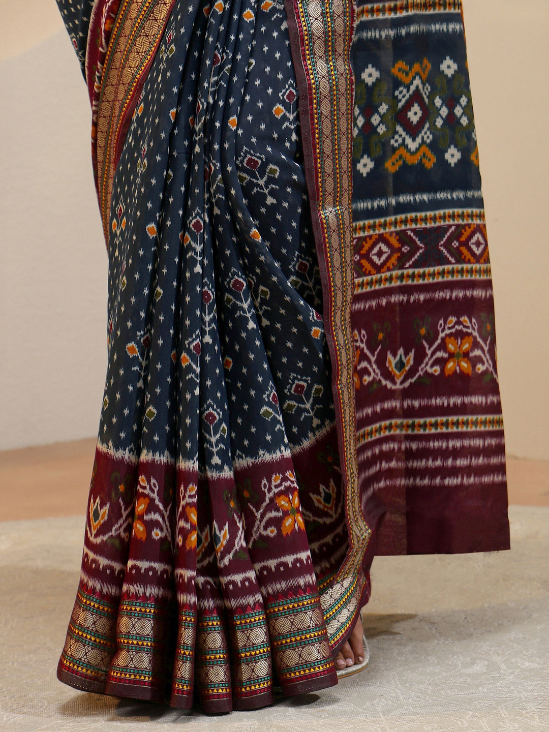 Navy Ethnic Print Silk Blend Bomkai Saree