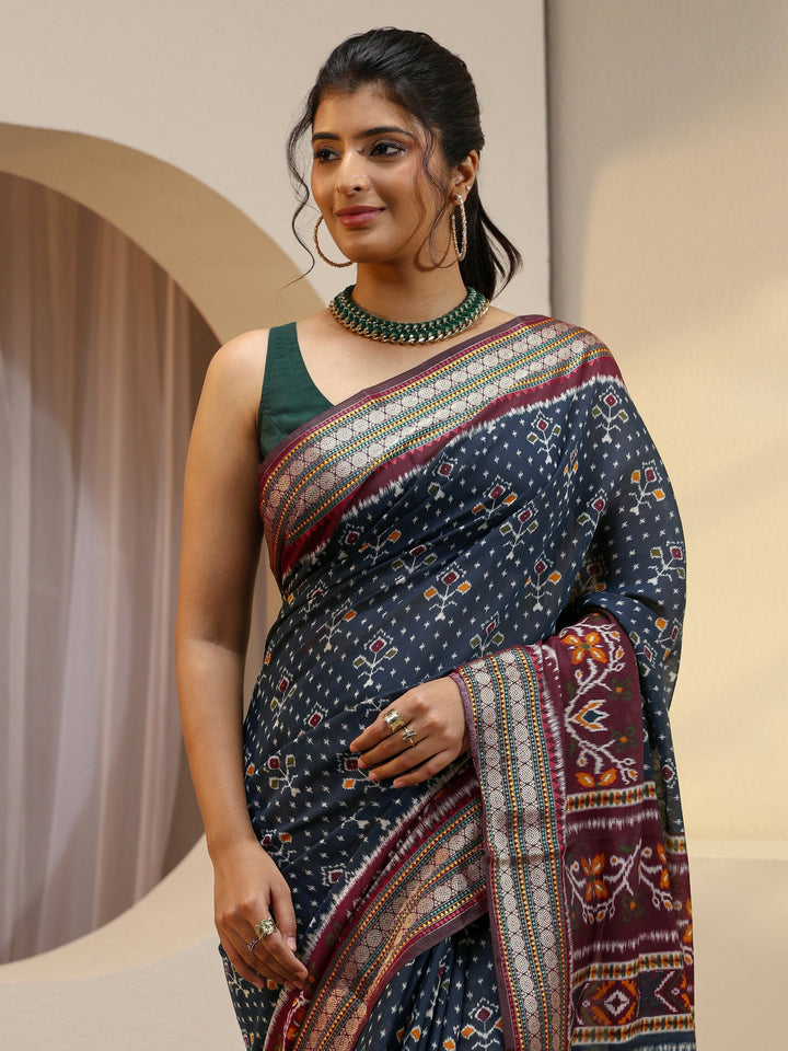 Navy Ethnic Print Silk Blend Bomkai Saree
