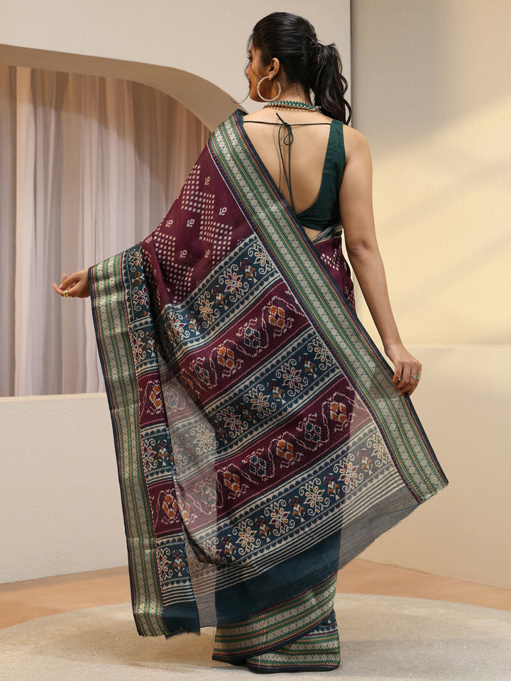 Maroon Ethnic Print Silk Blend Bomkai Saree