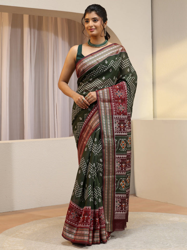 Forest Green Ethnic Print Silk Blend Bomkai Saree