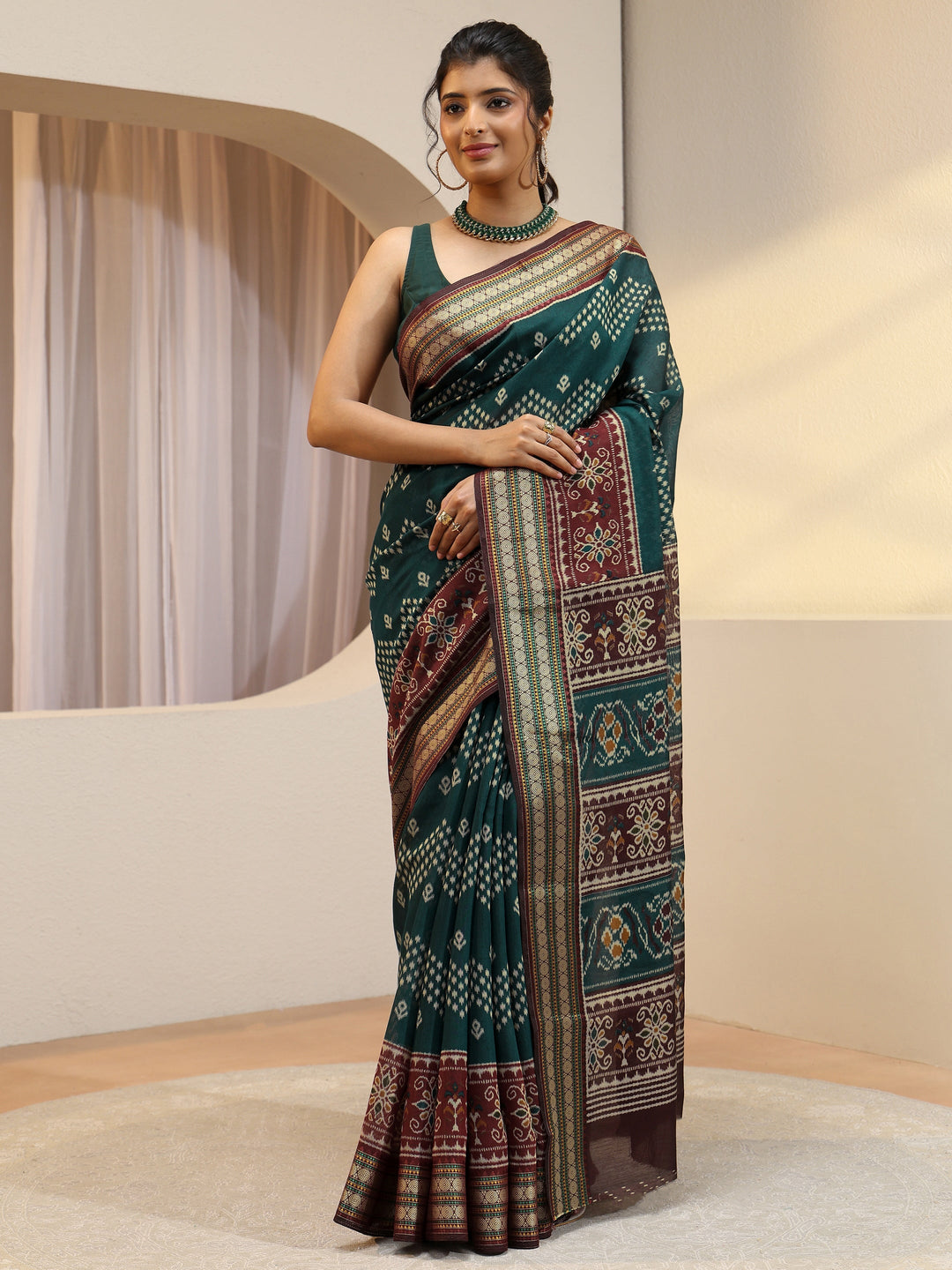 Teal Ethnic Print Silk Blend Bomkai Saree